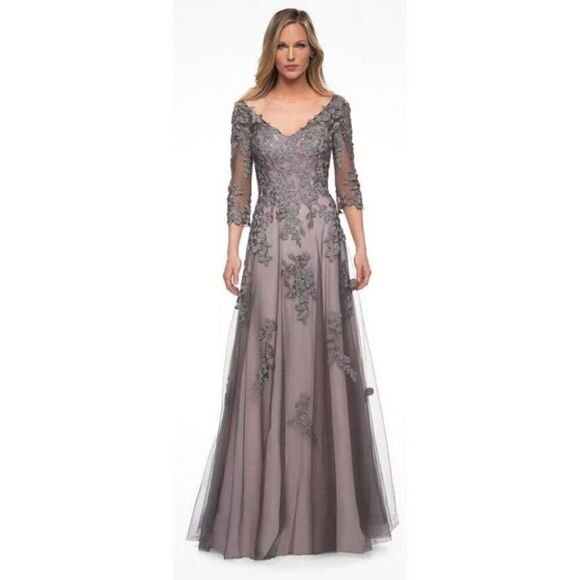 La Femme 29205 Floral Embroidered A-line Gown in Pink & Gray NWOT Size 2 - Picture 1 of 7